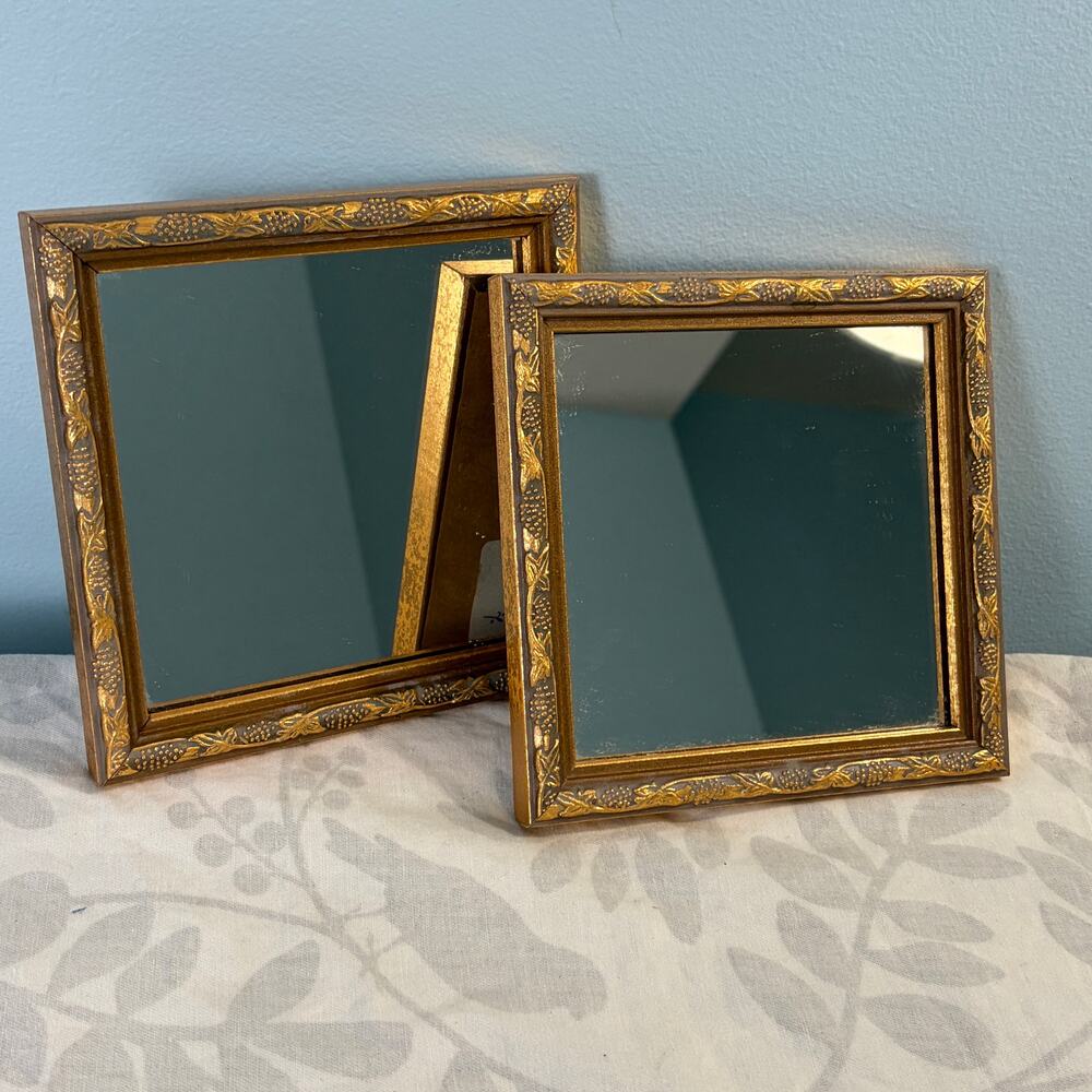 Pair Vintage Gold Square Mirrors Ornate Grapevine Gallery Wall Decor